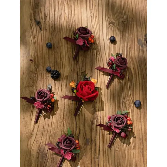Boutonniere Set of 6 for Groom & Groomsmen Burgundy & red {2}