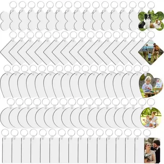 135 Pieces Sublimation Keychain Blanks Bulk,MDF Keychain Double Sided Heat Transfer Keychain Board with Film,Key Rings, Plastic Retaining Clips for DIY and Craft(Round, Rectangle, Bone, Square, Heart) {2}