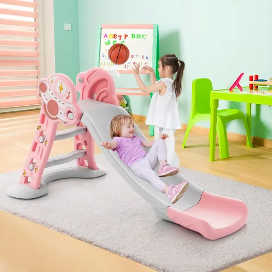 3-in-1 Folding Slide Playset With Basketball Hoop And Small Basketball Pink {1}