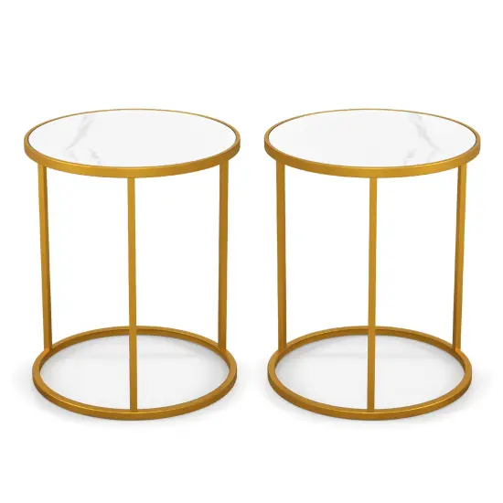 Marble Top Round Side Table 16-inch End Table With Golden Metal Frame-2 Pieces {3}