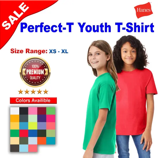 Hanes&reg; Perfect-T Youth Crew Neck Short Sleeve T-Shirt Heather Navy {2}