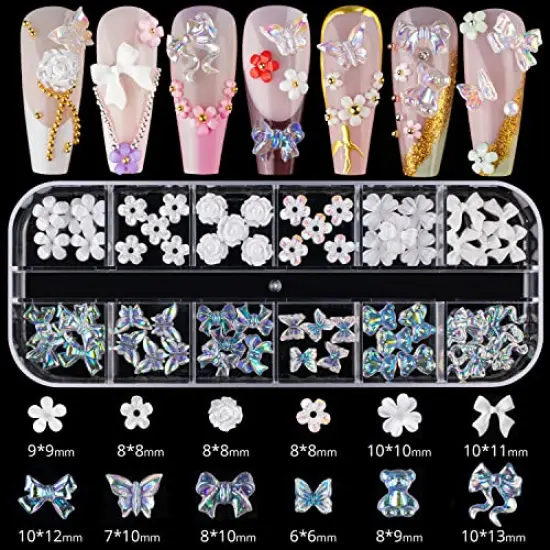Mixed 3D Nail Art Gem Decoration Accessories Kit #1, Aurora Bear Bow Butterfly Starry AB Rhinestone Charm Jewelry for Deco, Pearl Flower Caviar Bead Stone Crystal with Dual-End Brush and Tweezer {6}