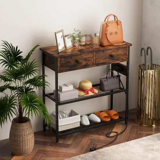 Costway Entryway Table with Charging Station Narrow Console Table with 2 Drawers Brown/Oak {5}