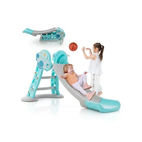 3-in-1 Folding Slide Playset With Basketball Hoop And Small Basketball Blue {3}