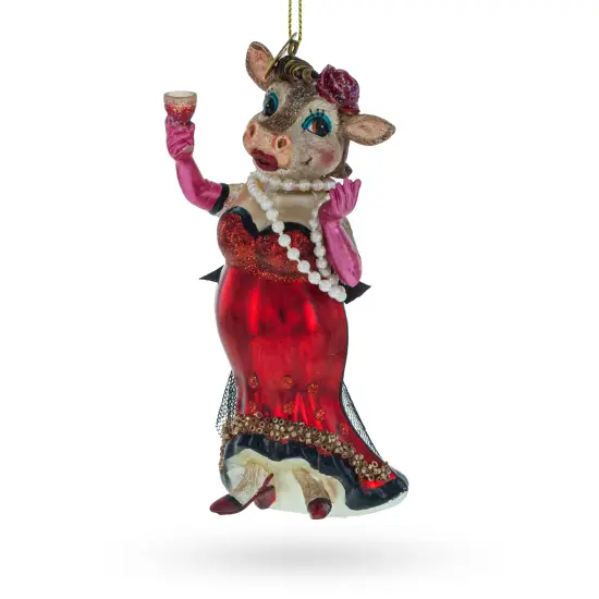Cow Sipping Red Wine Glass Christmas Ornament {1}