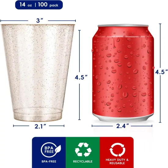 100 Pack 14 oz Plastic Cups - Disposable Heavy-duty Tumblers Glitter {4}