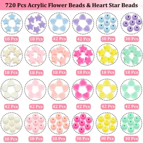 720 Pieces Candy Color Acrylic Heart Beads Star And Round Beads, Colorful Assorted Plastic Pastel Circle Shape Cute Loose Beads Bulk for Bracelets Jewelry Making DIY Crafts Necklace {5}