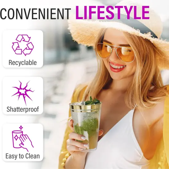 100 Premium 14oz Clear Glitter Gold Rim Plastic Cups {3}