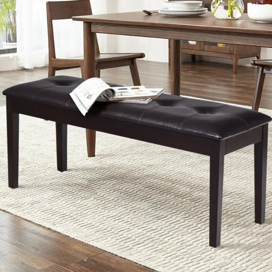 Upholstered Dining Room PU Bench Solid Wood Button Tufted Grey {7}