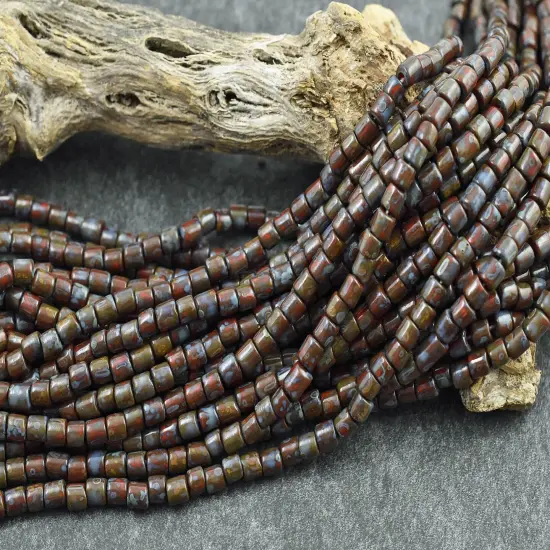 6/0 Aged Dark Red Picasso Bugle Tube Seed Bead Mix (21" Strand) {3}