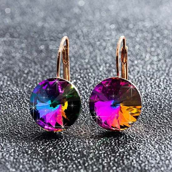 Crystal Round Drop Earrings for Women 14K Gold Plated Hypoallergenic Leverback Hoop Earrings (Rainbow) {6}