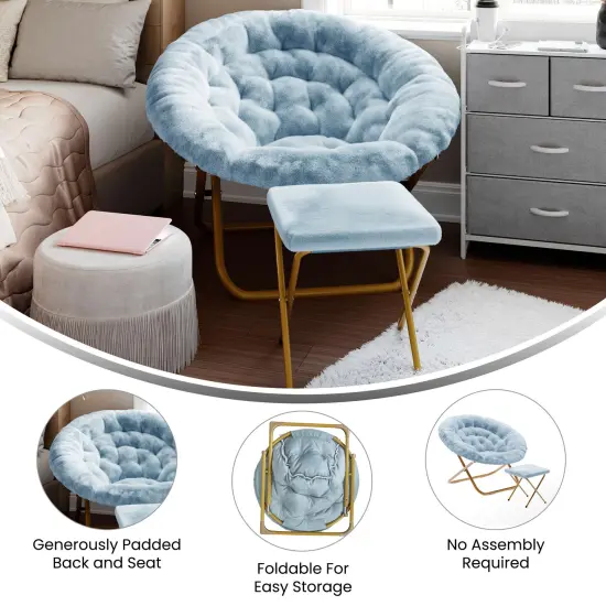 Emma and Oliver Ersa Oversize Folding Saucer Moon Chair and Ottoman for Dorm and Bedroom with Steel Frames AquaFabric/SoftGold {3}