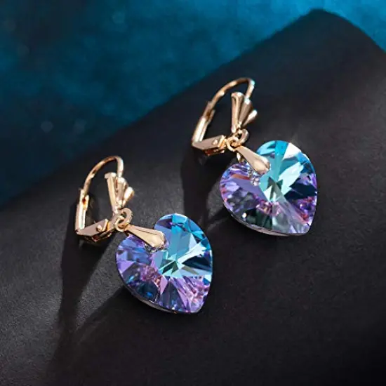 Crystal Heart Drop Leverback Earrings for Women Fashion Dangle Earring 14K Rose Gold Plated Hypoallergenic Jewelry (Vitrail Light) {5}