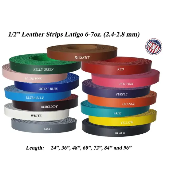 1/2 Inch Leather Strips 6-7oz (2.4-2.8 mm) up to 96 Inch Long - Leather Straps for Craft - Belts - Cuffs - Hat Bands - Purse Strap {2}