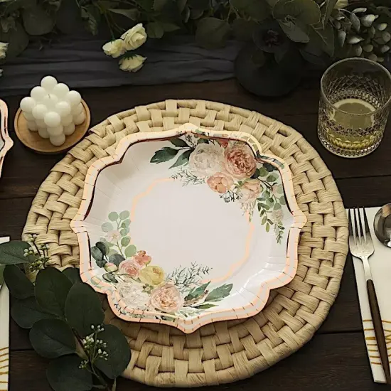25 WHITE 10" Floral Paper Salad DINNER PLATES ROSE GOLD Scallop Rim Party Events {2}