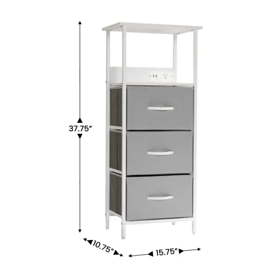Emma and Oliver Hermes Nightstand with 3 Fabric Drawers, Charging Station with 2 USB Ports/Power Outlet, Engineered Wood Top, Wood Handles, Metal Frame GrayDrawers/White {5}