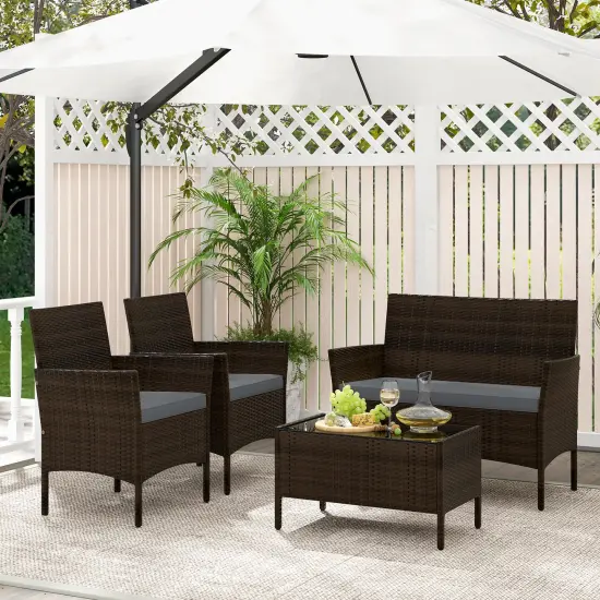4 Piece Patio Rattan Conversation Set With Cozy Seat Cushions Grey {2}