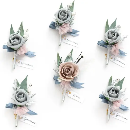 Boutonniere Set of 6 for Groom & Groomsmen Gray & dusty rose {1}