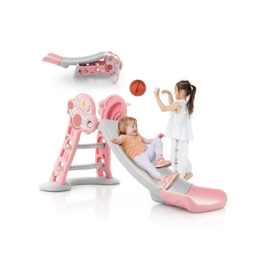 3-in-1 Folding Slide Playset With Basketball Hoop And Small Basketball Pink {3}