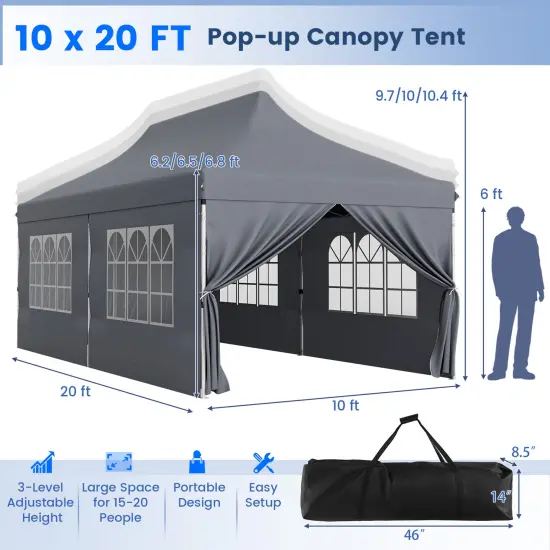 10 X 20 Ft Pop Up Canopy With 6 Sidewalls And Windows And Carrying Bag For Party Wedding Picnic Grey {5}