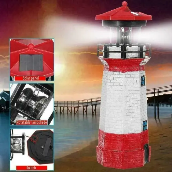 Solar Powered Lighthouse Lawn Ornament LED Light up Garden Backyard Decor {2}
