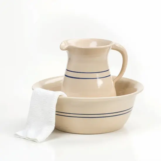 Martinez Pottery Heritage Blue Stripe Stoneware Wash Basin and Pitcher Set {4}