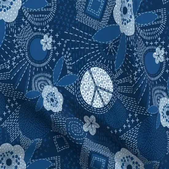 Various Fabrics by the Yard or Fat Quarter Blue Sashiko Hippie Bohemian Denim Peace Sign Japanese Inspired Custom Printed Fabric by Spoonflower {5}