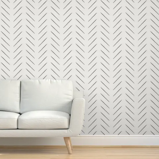 Pre-Pasted Wallpaper 2FT Wide Tribal Chevron Black Bone Medium White Herringbone Monochrome Mudcloth Custom Pre-pasted Wallpaper by Spoonflower {5}