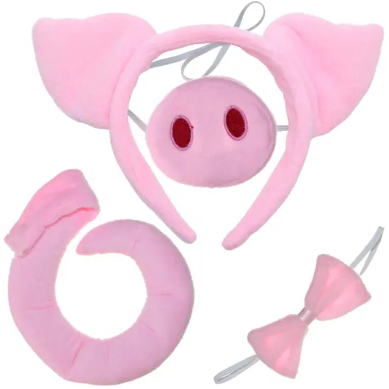 Pig Costume Accessories Set - Fuzzy Pink Pig Ears Headband, Bowtie, Snout and Tail Accessory Kit for Piglet Costumes for Toddlers and Kids {1}