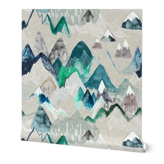 Peel & Stick Wallpaper 2FT Wide Mountain, Call, Adventure, Camping, Rustic, Painting, Watercolour, Forest, Woods, Geometric, Blue, Water Custom Removable Wallpaper by Spoonflower {7}