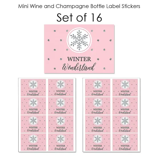 Big Dot of Happiness Pink Winter Wonderland - Mini Wine & Champagne Bottle Label Stickers - Snowflake Birthday Party or Baby Shower Favor Gift - 16 Ct {7}