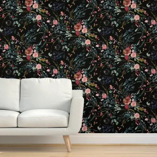 Peel & Stick Wallpaper 2FT Wide Botanical Faux Woven Texture Boho Floral Black And Pink Wild Flowers Bohemian Dark Custom Removable Wallpaper by Spoonflower {5}