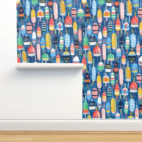 Peel & Stick Wallpaper 2FT Wide Watercolor Buoys Fishing Floats Modern Beach House Ocean Seaside Nautical Maritime Summer Vacation Custom Removable Wallpaper by Spoonflower {2}