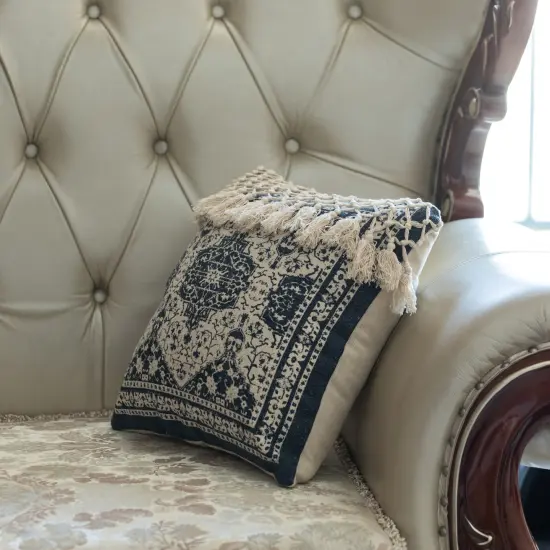 16" Handwoven Cotton Throw Pillow Cover with Traditional Pattern and Tasseled Top Navy {9}