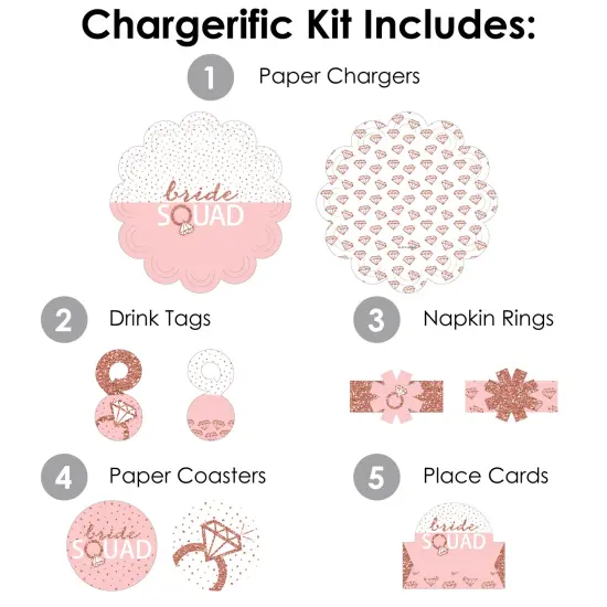Big Dot of Happiness Bride Squad Rose Gold Bridal Shower or Bachelorette Party Paper Charger and Table Decorations Chargerific Kit Place Setting for 8 {4}
