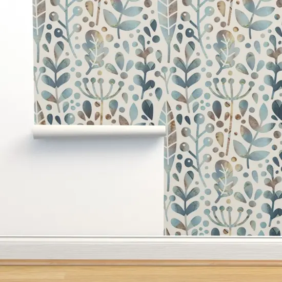 Pre-Pasted Wallpaper 2FT Wide Woodland Muted Blue Large Scale Modern Botanicals Custom Pre-pasted Wallpaper by Spoonflower {2}