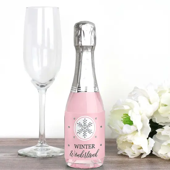 Big Dot of Happiness Pink Winter Wonderland - Mini Wine & Champagne Bottle Label Stickers - Snowflake Birthday Party or Baby Shower Favor Gift - 16 Ct {3}
