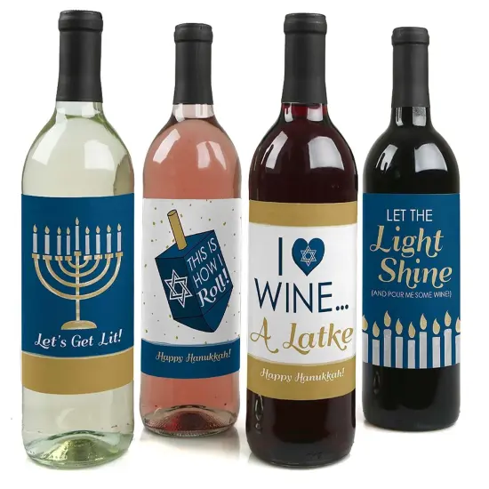 Big Dot of Happiness Happy Hanukkah - Chanukah Decorations for Women and Men - Wine Bottle Label Stickers - Set of 4 {1}