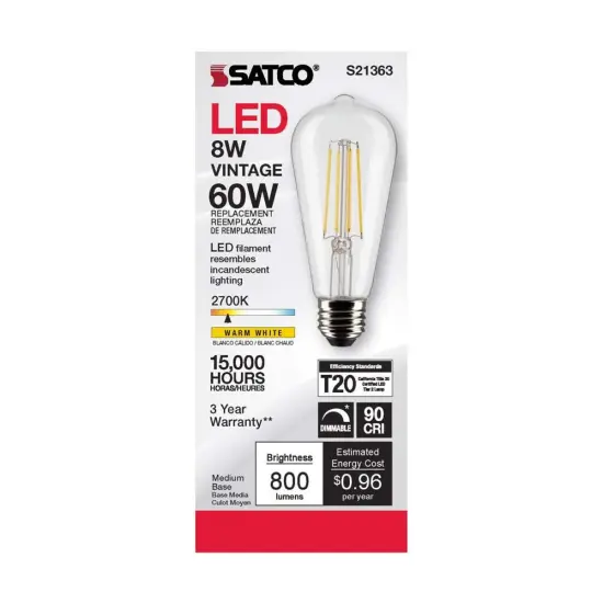 6Pk - Satco 8w ST19 LED 2700K Medium Base Dimmable - 60w equiv Warm White {5}