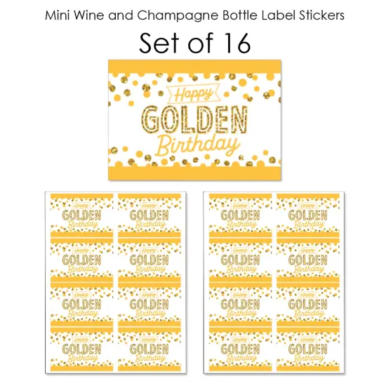 Big Dot of Happiness Golden Birthday - Mini Wine and Champagne Bottle Label Stickers - Happy Birthday Party Favor Gift for Women and Men - Set of 16 {7}