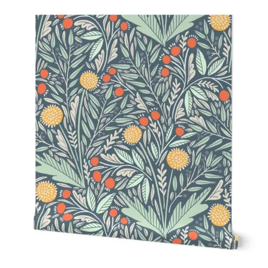 Peel & Stick Wallpaper 2FT Wide Modern Botanical Dandelions Yellow Orange Blue Floral Eucalyptus Rosehips Custom Removable Wallpaper by Spoonflower {7}