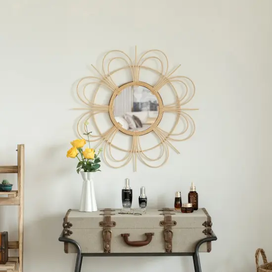 Decorative Flower Shape Woven Rattan Wood Round Modern Hanging Wall Mirror {2}
