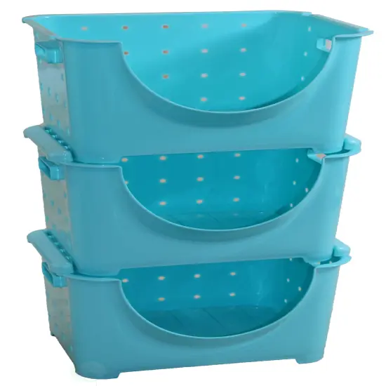 Stackable Plastic Storage Container Blue Set of 3 {1}