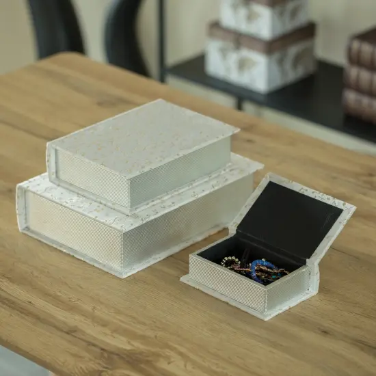 Set of 3 Velvet Vintage Storage Wooden Antique Classic Decorative Book Box Holder White Musical {5}