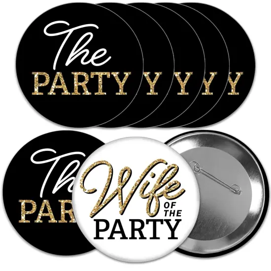 Big Dot of Happiness Wife of the Party - 3 inch Black and Gold Bachelorette Party Badge - Pinback Buttons - Set of 8 {1}