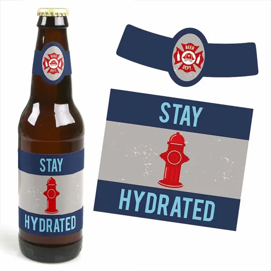 Big Dot of Happiness Fired Up Fire Truck - Firefighter Decorations for Women and Men - 6 Beer Bottle Label Stickers and 1 Carrier {4}