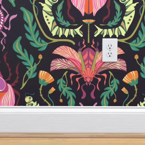 Pre-Pasted Wallpaper 2FT Wide Bugs Damask Nature Art Deco Garden Spring Kids Nouveau Black Pink Teal Beetles Dandelions Insects Caterpillar Custom Pre-pasted Wallpaper by Spoonflower {4}