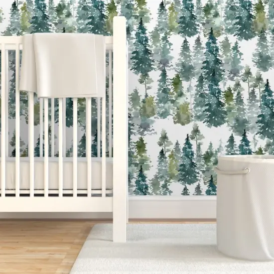 Pre-Pasted Wallpaper 2FT Wide Woodland Pine Trees White Winter Christmas Snowy Watercolor Green Holiday Forest Custom Pre-pasted Wallpaper by Spoonflower {7}