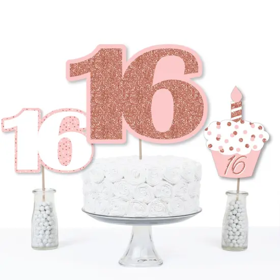 Big Dot of Happiness 16th Pink Rose Gold Birthday - Happy Birthday Party Centerpiece Sticks - Table Toppers - Set of 15 {4}