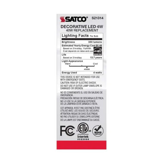 6Pk - Satco 4w CA10 LED 4000K Medium Base Dimmable - 40w equiv Cool White {6}